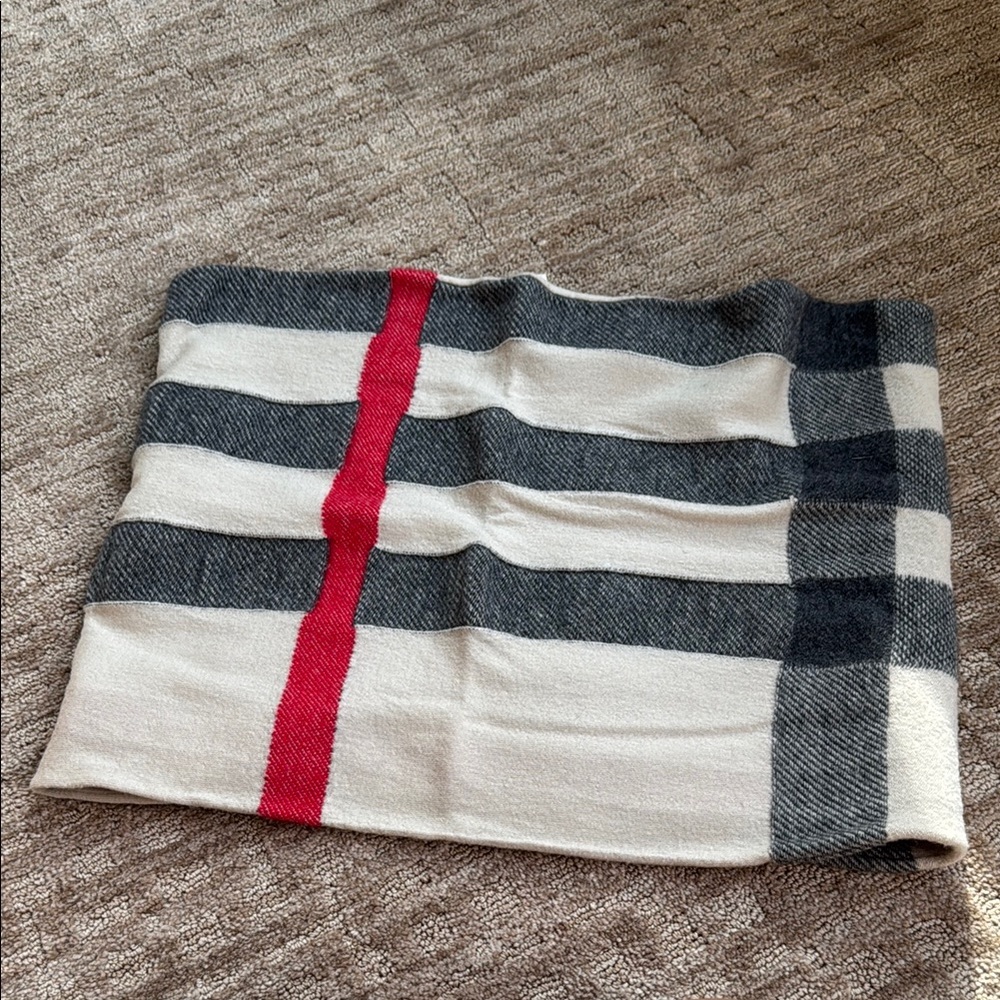 Burberry infinity Striped Wool Scarf in Red, Black, and Cream.